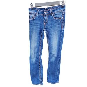 Cedar Rose Blue Denim Jeans Fleur De Lis Embroidered Rhinestone Bootcut Low Rise